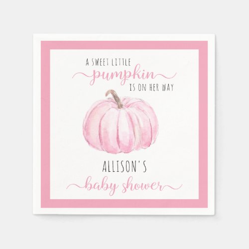 Pink Sweet Little Pumpkin Watercolor Baby Shower Napkins