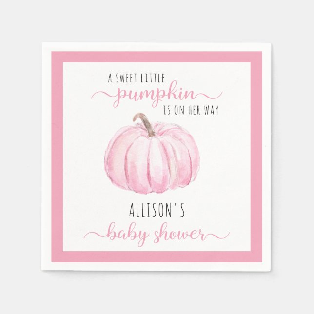 Pink Sweet Little Pumpkin Watercolor Baby Shower Napkins (Front)