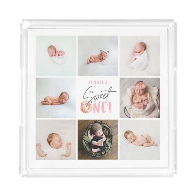 pink sweet one donut 1st birthday multi photo  acrylic tray (Front)