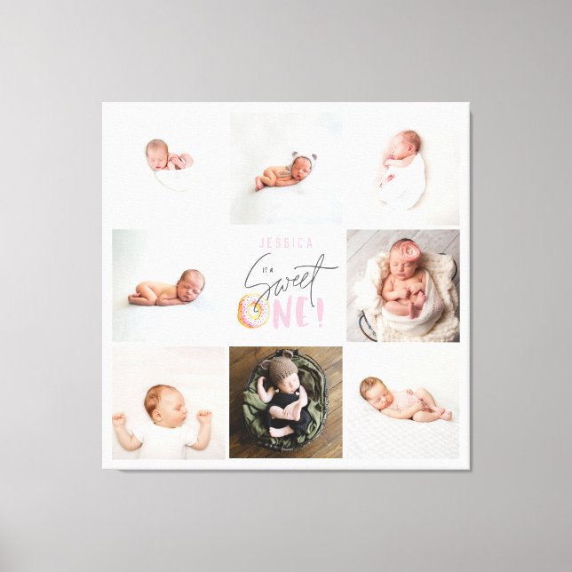pink sweet one donut 1st birthday multi photo  canvas print (Front)