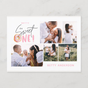 pink sweet one donut birthday multi photo holiday  postcard