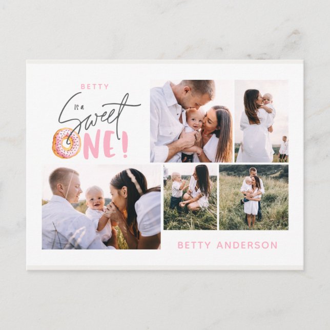 pink sweet one donut birthday multi photo holiday  postcard (Front)