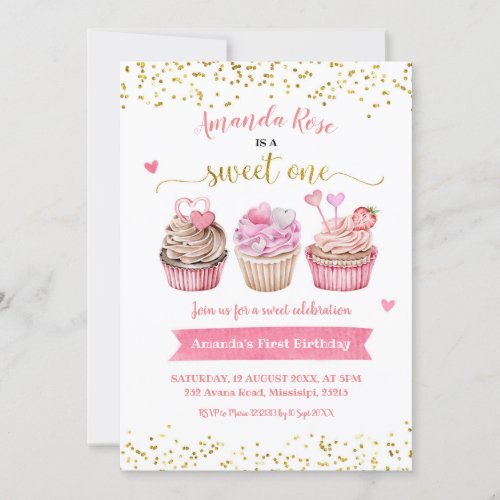 Pink Sweet One Girl Birthday Invitation