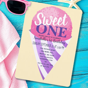 Pink Sweet One Snow Cone Kids First Birthday Invitation