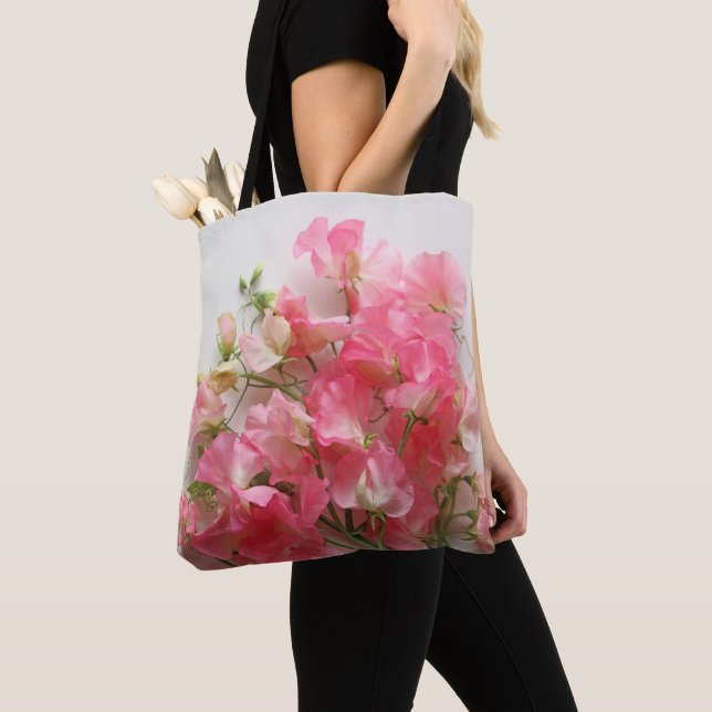 Pink sweet pea bouquet tote bag (Close Up)