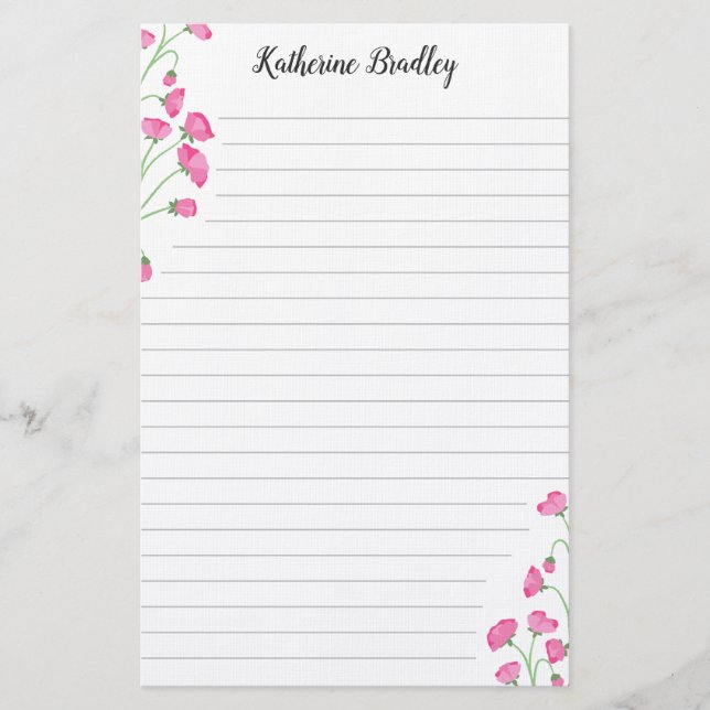 Pink Sweet Pea Floral Add Names Lined Stationery (Front)