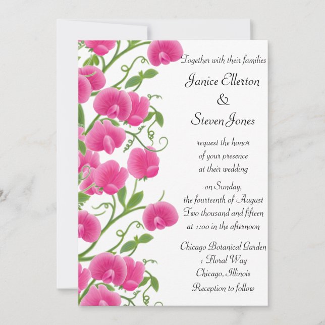 Pink Sweet Pea Flowers Wedding Invitation (Front)