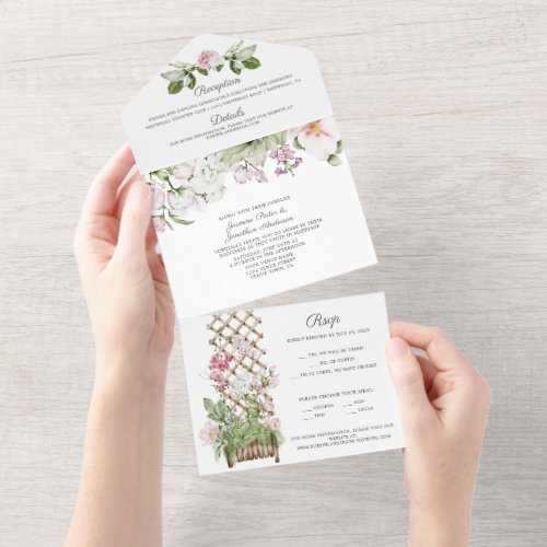 Pink Sweet Peas and Roses Wedding All In One Invitation
