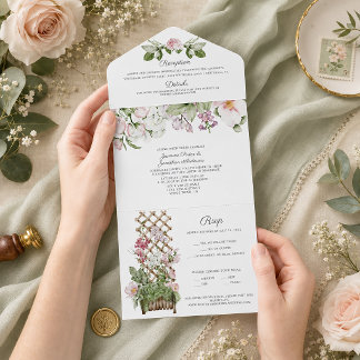 Pink Sweet Peas and Roses Wedding All In One Invitation