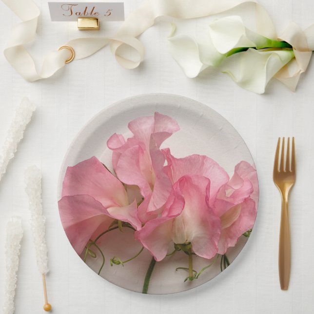Pink sweet peas close up paper plates (Wedding)