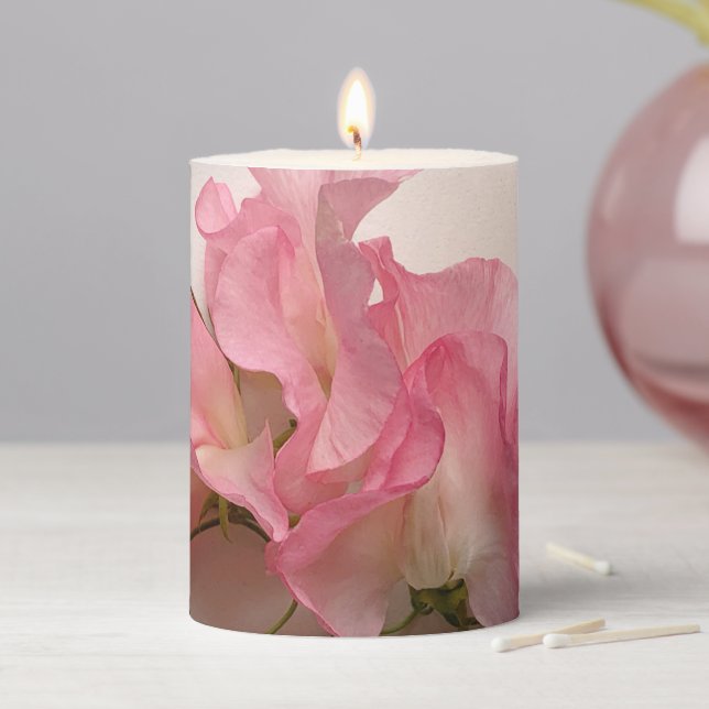 Pink sweet peas close up pillar candle (In Situ)