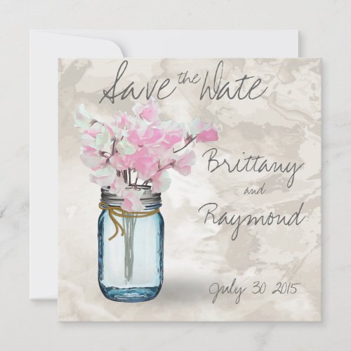 PINK SWEET PEAS VINTAGE MASON JAR WATERCOLOR SAVE THE DATE