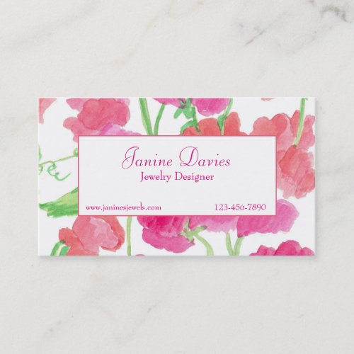 Pink Sweet Peas Watercolor Flowers Custom Business Card