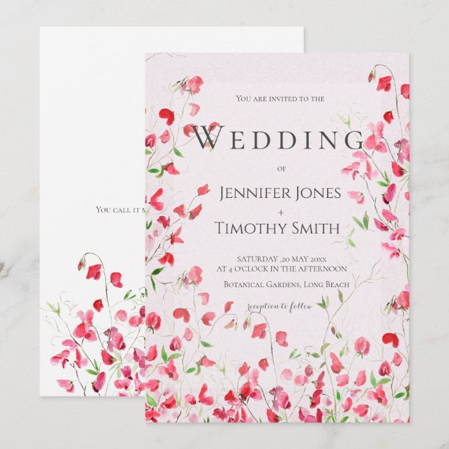 pink sweet peas watercolour 2 wedding invitation  (Front/Back)