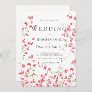 pink sweet peas watercolour wedding invitation