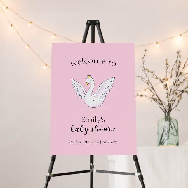Pink Sweet Princess Swan Baby Shower Welcome Sign (In Situ (Stand))