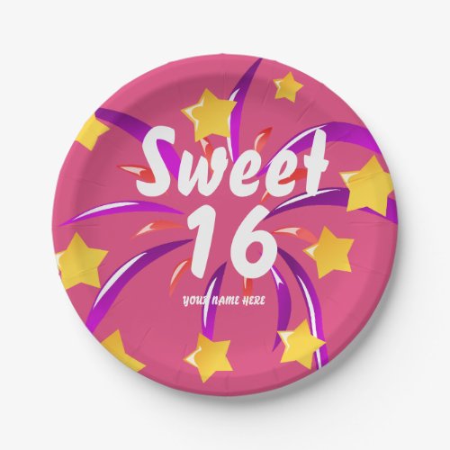 Pink Sweet Sixteen 16 Paper Plates with Fireworks