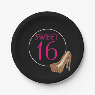 Pink Sweet Sixteen Birthday Gold Glitter Heels Paper Plates