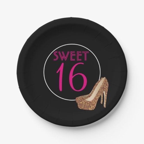 Pink Sweet Sixteen Birthday Gold Glitter Heels Paper Plates