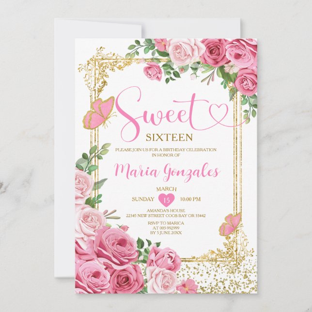 Pink Sweet Sixteen Gold 16th Girl Birthday Party Invitation (Front)