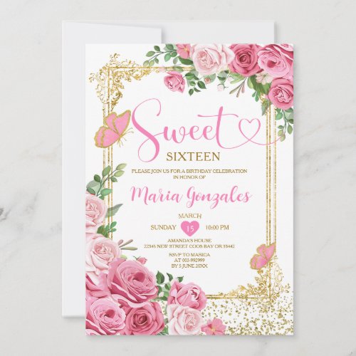 Pink Sweet Sixteen Gold 16th Girl Birthday Party Invitation