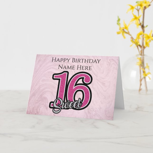 Pink Sweet Sixteen Personalized Birthday Card (Yellow Flower)