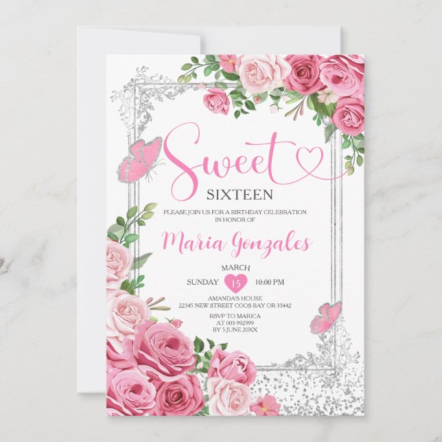 Pink Sweet Sixteen Silver 16th Girl Birthday Party Invitation (Front)