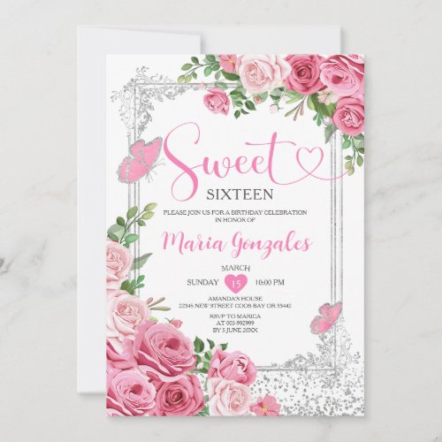 Pink Sweet Sixteen Silver 16th Girl Birthday Party Invitation