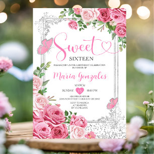 Pink Sweet Sixteen Silver 16th Girl Birthday Party Invitation