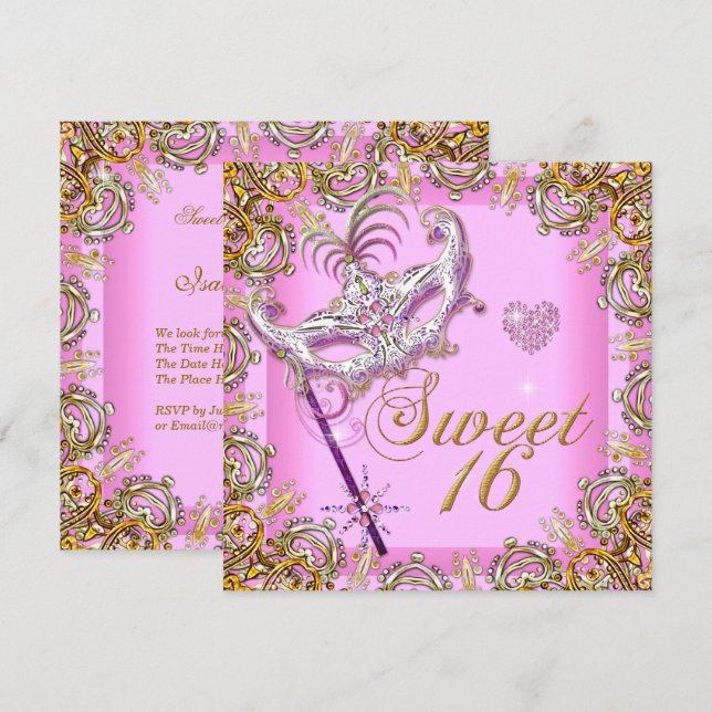 Pink Sweet Sixteen Sweet 16 Masquerade Gold Invitation (Front/Back)
