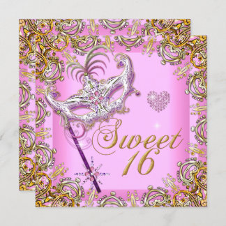 Pink Sweet Sixteen Sweet 16 Masquerade Gold Invitation