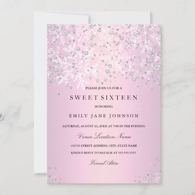 Pink Sweet Sixteen Winter Wonderland Snowflakes Invitation (Front)