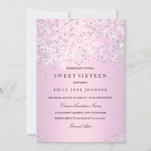 Pink Sweet Sixteen Winter Wonderland Snowflakes Invitation