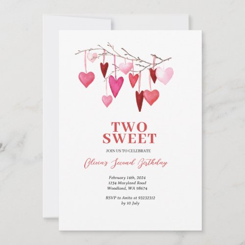 Pink Sweet TWO Valentine Heart Balloon Birthday Invitation