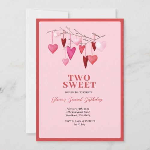 Pink Sweet TWO Valentine Heart Balloon Birthday Invitation