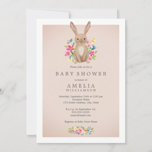 Pink Sweet Woodland Bunny Baby Shower Invitation