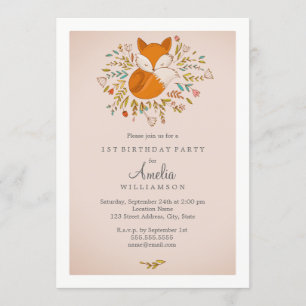 Pink Sweet Woodland Fox First Birthday Invitation