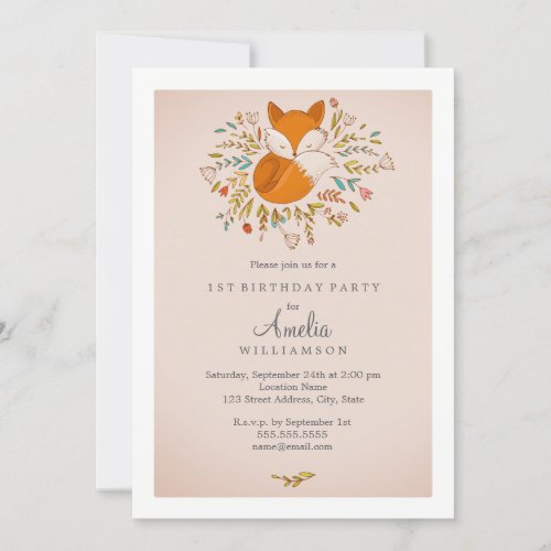 Pink Sweet Woodland Fox First Birthday Invitation