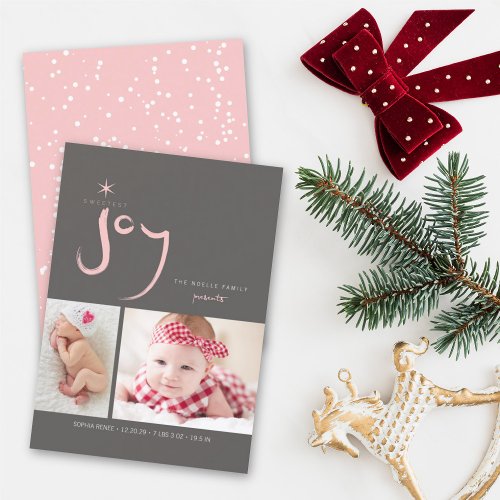 Pink Sweetest Joy Cute Baby First Christmas Photo Holiday Card