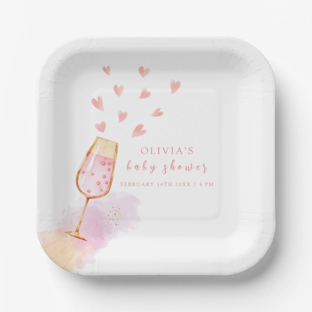 Pink Sweetheart Champagne Valentines Baby Shower Paper Plates (Front)
