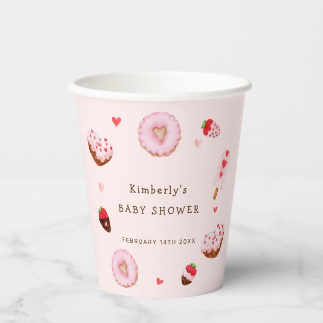Pink Sweetheart Donuts Valentines Baby Shower Paper Cups (Front)