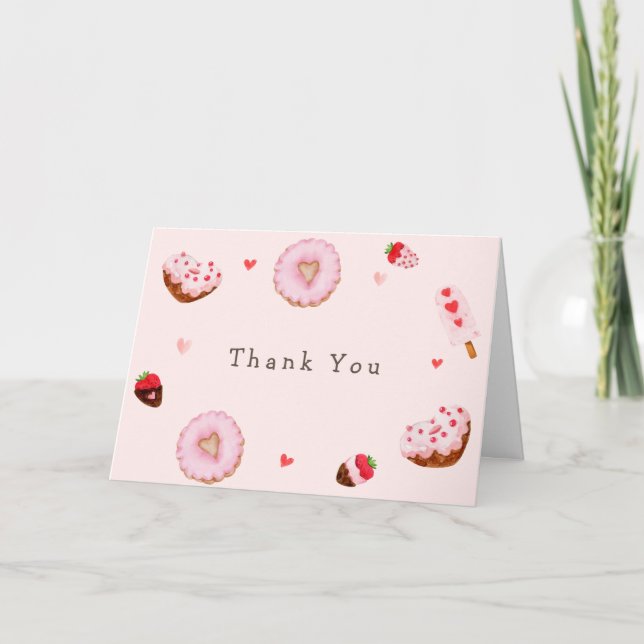 Pink Sweetheart Donuts Valentines Baby Shower Thank You Card (Front)