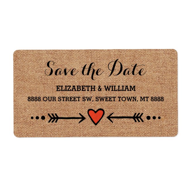 Pink Sweethearts & Arrows Burlap Save the Date Label (Front)