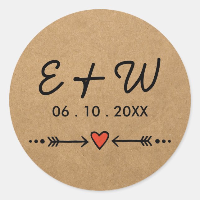 Pink Sweethearts & Arrows Rustic Wedding Initials Classic Round Sticker (Front)