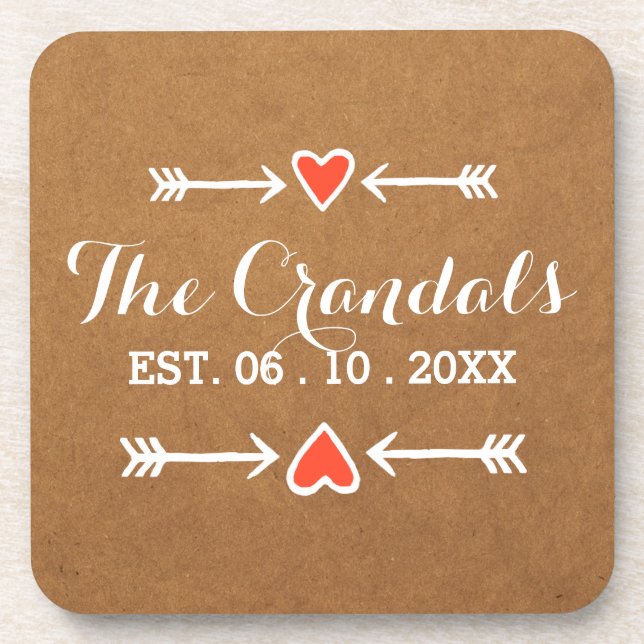 Pink Sweethearts & Arrows White Country Wedding Beverage Coaster (Front)