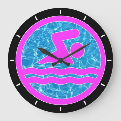 Pink Swimming  Diving Icon Cool Blue Pool Water Large Clock