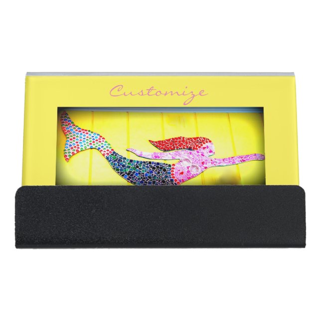 pink swimming mosaic mermaid desk business card holder (Front)