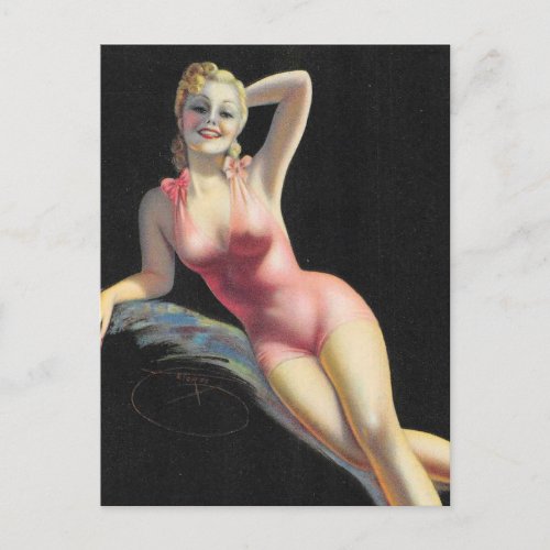 Pink swimsuit  Vintage pin up girl art  postcard