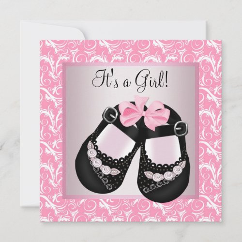 Pink Swirl Black Shoes Pink Black Baby Girl Shower Announcements