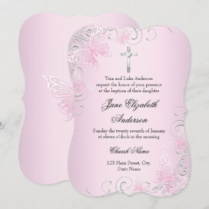 Pink Swirl Butterfly & Cross Baptism Invitation